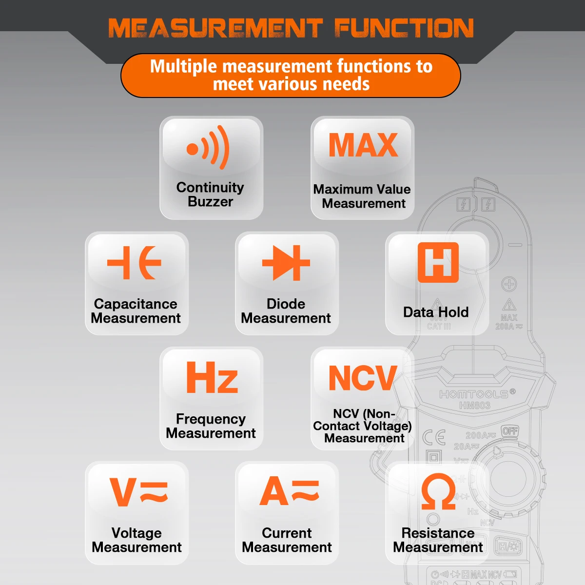 HOMTOOLS HM803 Clamp Meter DC/AC Current Voltage Digital Clamp Meter  Measure the frequency of resistance capacitance NCV Test