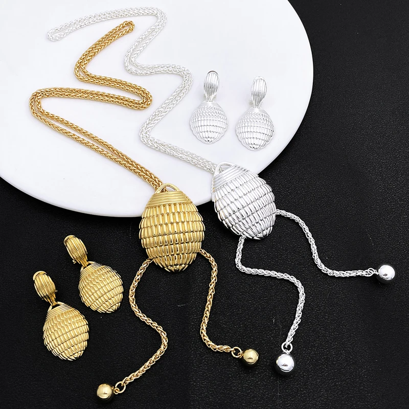 85CM Long Necklace Earrings For Women Adjustable Length Sweater Chain Gold Plated 3PCS Set Fashion Jewelry Wedding Party Gift