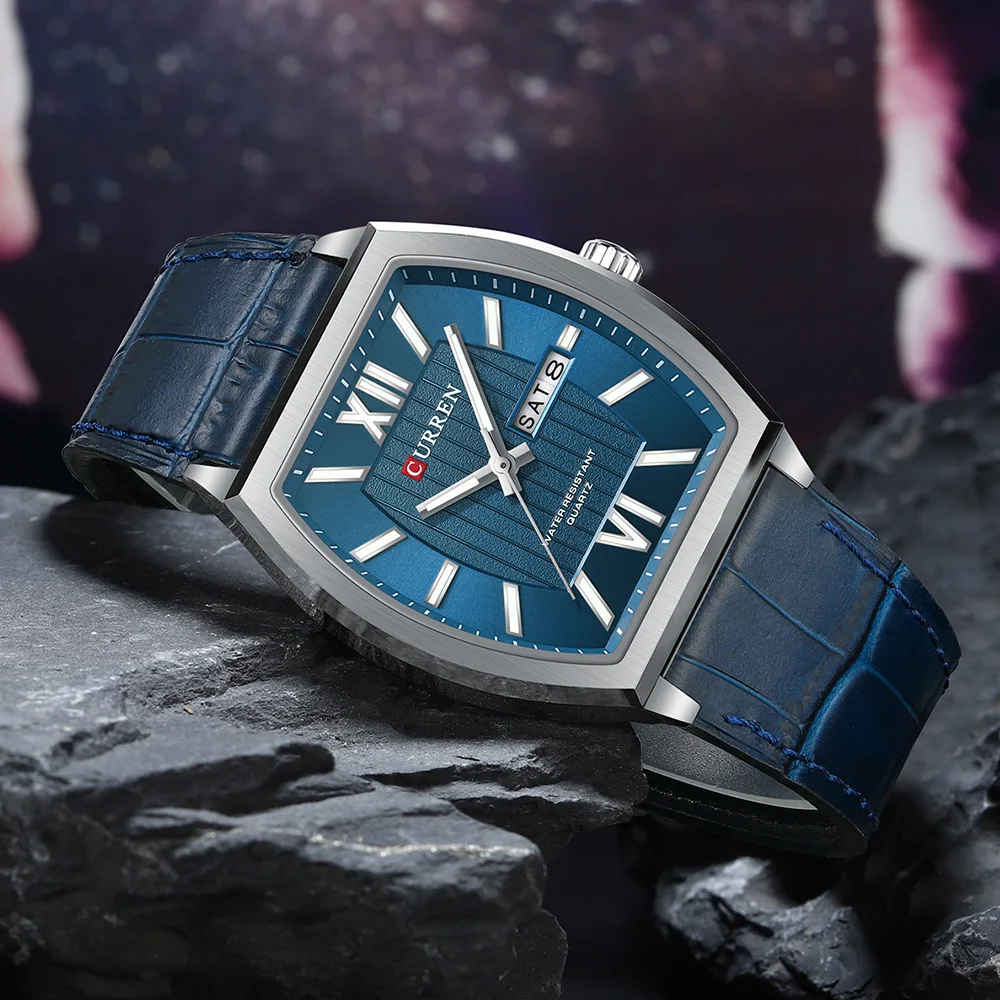 CURREN Top Luxury Square Man Watch Date Waterproof Luminous Men Wristwatch High Quality Leather Men's Quartz Watches+Box Reloj