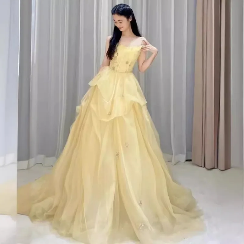 Customzied Graceful Fascinating Yellow Wedding Dresses Exquisite A-line Strapless Fashion Backless Unique Ruched Bridal Gown