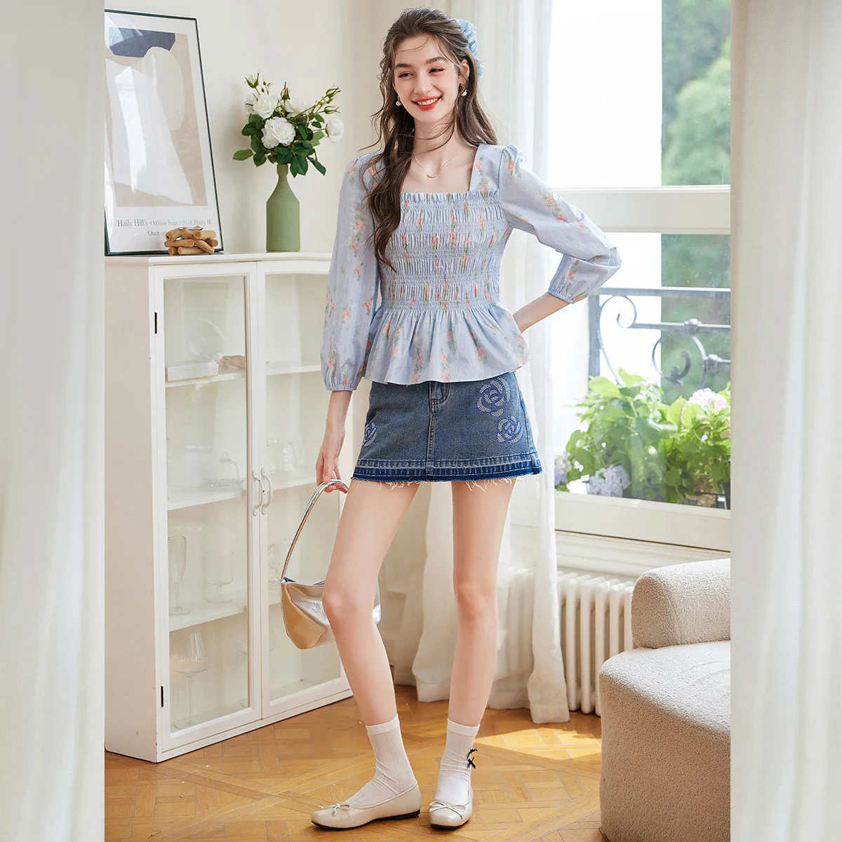 루이 야오 스윗 프린트 여성 블라우스 2025 가을 스퀘어넥 면 100% 탑 우아한 출퇴근 프린트 슬림 긴팔 셔츠