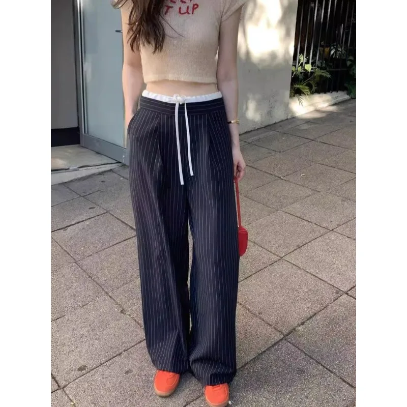 Korean Chic Contrasting Splicing Drawstring Waist Wide Leg Pants Chic Casual Striped Wide Leg Trousers Streetwear Women