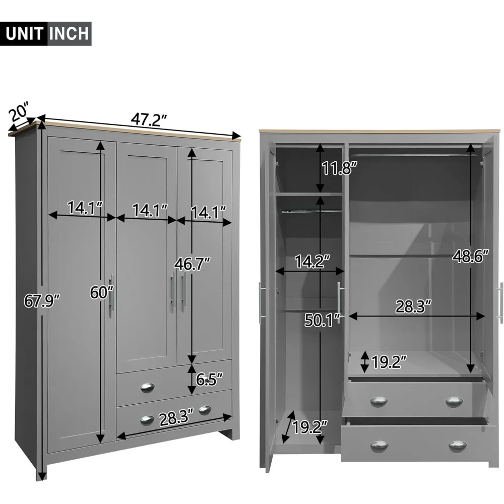 Door Storage Wardrobe with Cabinets and Hanging Rods, with Storage Shelevs Freestanding Wardrobe Cabinet