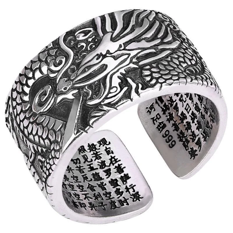 Vintage Amulet Buddha Heart Sutra Buddhist Rings For Men Women Opening Blessing Ring Thai 925 Sterling Silver Jewelry