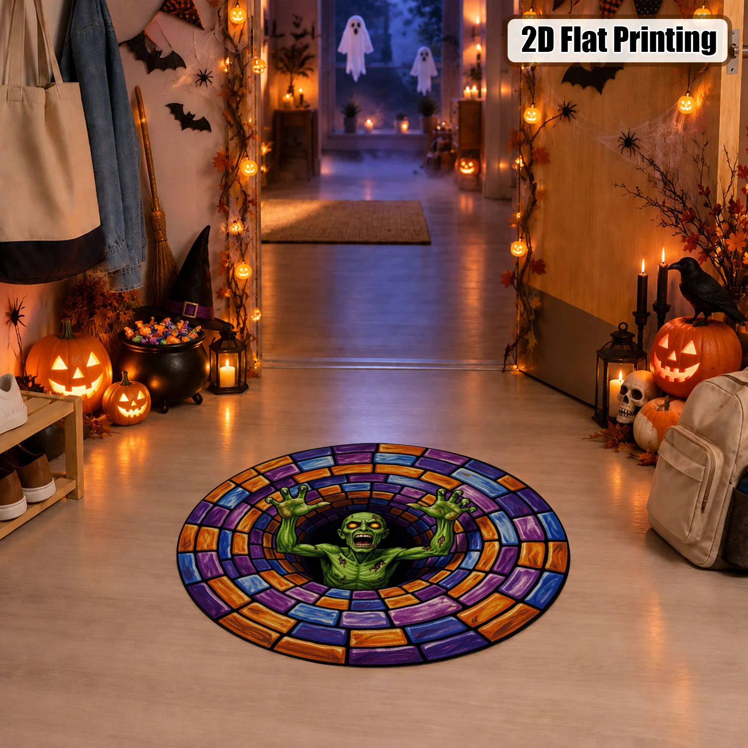 Stained Glass Zombie Circular Pattern Round Velvet Rug Machine Washable Suitable for Living Room Bedroom Entryway Dining Room Halloween Thanksgiving Black Friday Cyber Monday Christmas New Year
