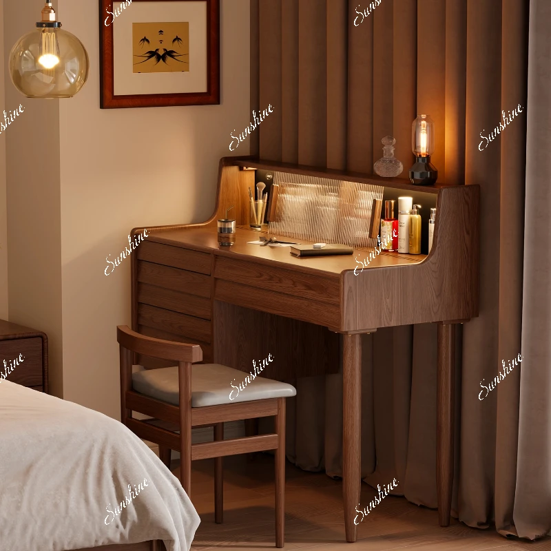 Solid wood bedroom with lamp integrated small apartment medium antique makeup table mirror hidden