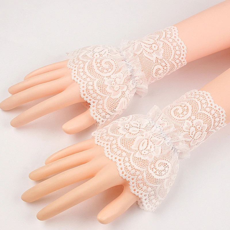 1Pair Gothic Fingerless Glove Sleeves Fashion Women Lace Short Arm Sleeves Wrist Cuffs Bracelets Solid Black White Gloves