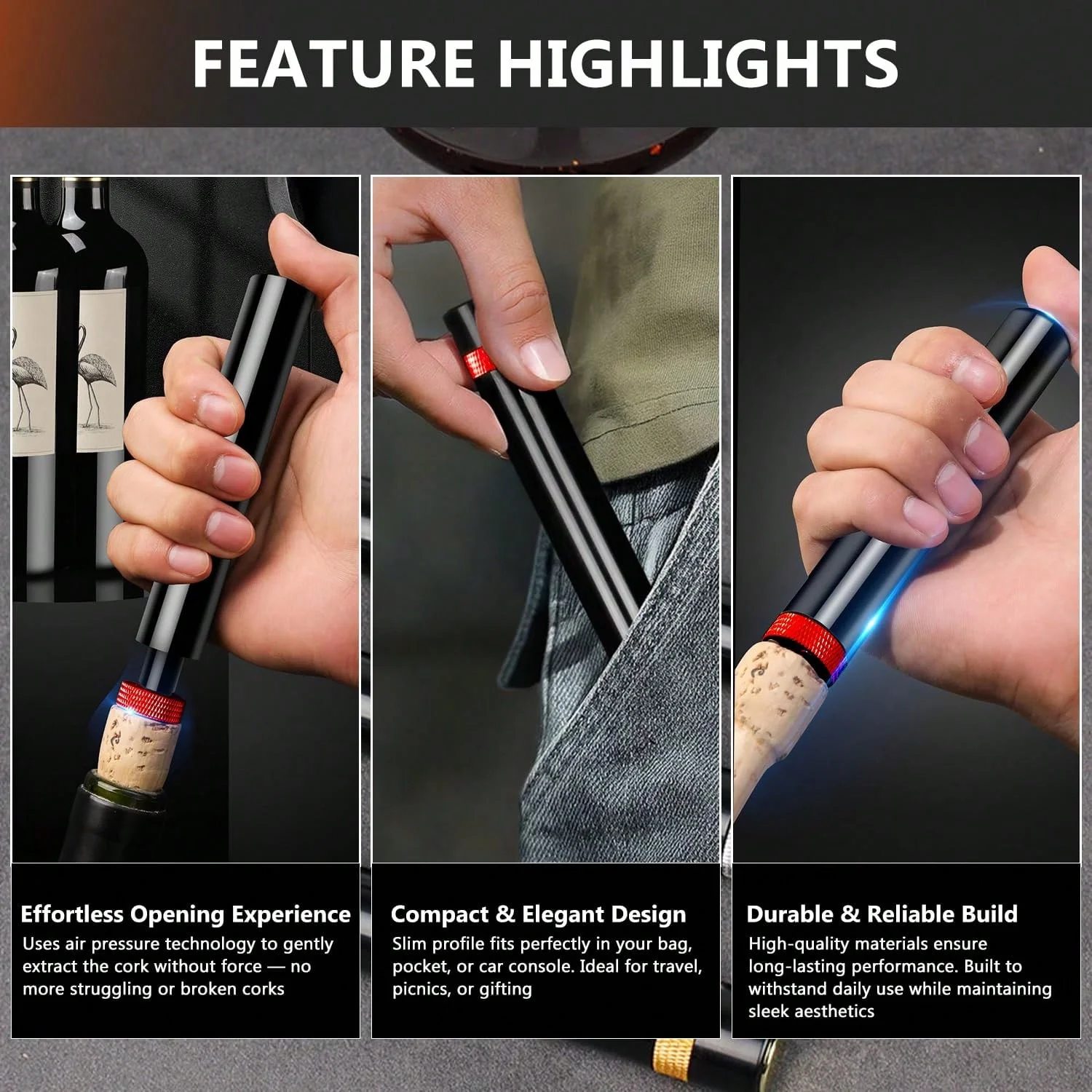 Air Pump Wine Bottle Opener Safe Portable Stainless Steel Pin Cork Remover Air Pressure Corkscrew Kitchen Tools Bar Accessories