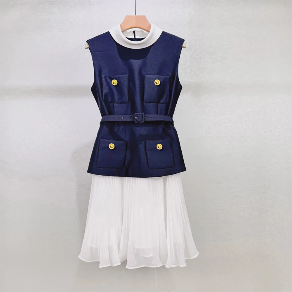 

Women's Navy Blue Vest & Pleated Skirt Patchwork Dress Sleeveless Round Neck Belted A-Line Dress Elegant Office Party Dress