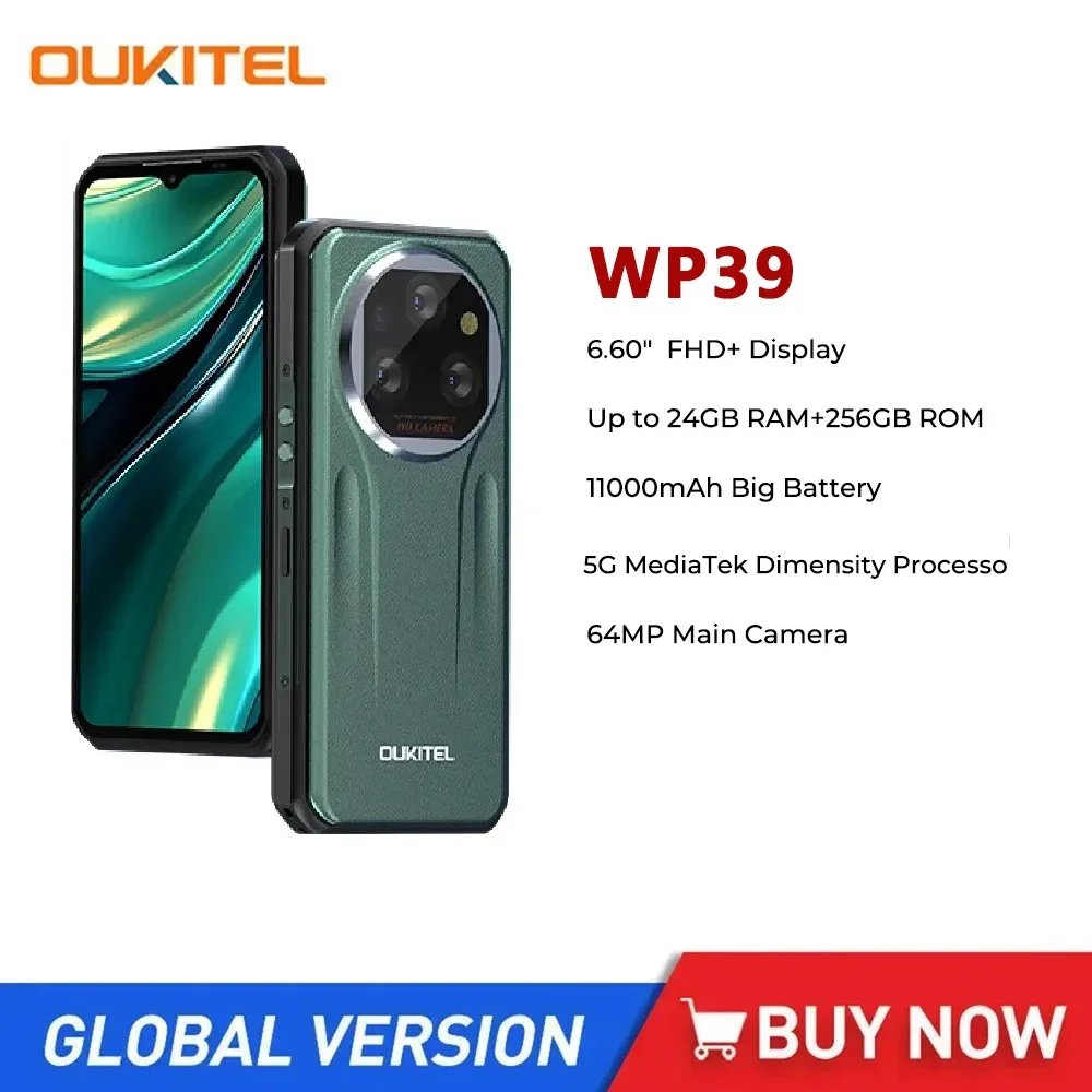 Oukitel WP39 견고한 5G 스마트폰, 24GB(6 + 18)+ 256GB, 6.60 인치 FHD + 64MP 카메라, 11000mAh 안드로이드 14 휴대폰 글로벌 버전, 신제품