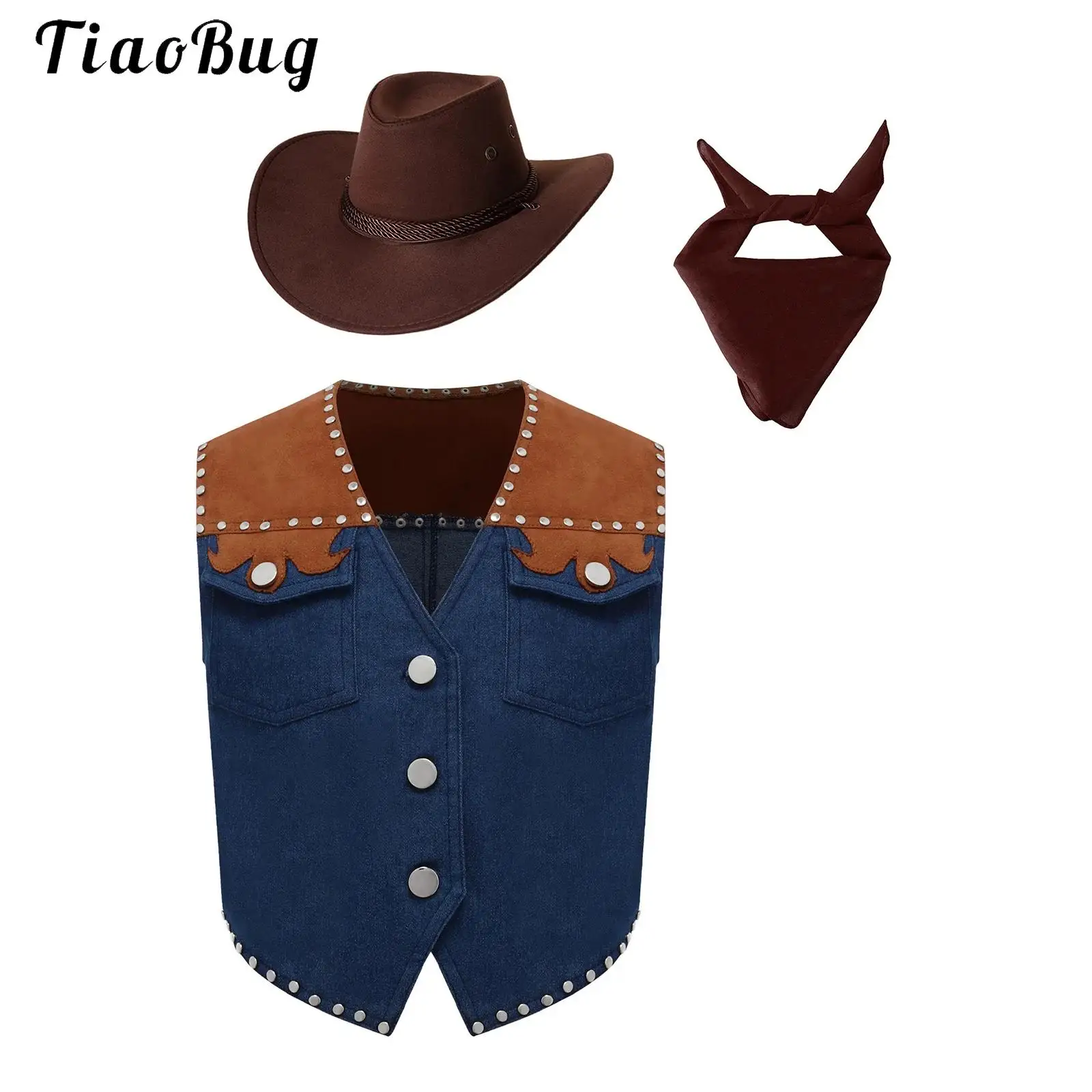 

Western Cowboy Cosplay Costume Boys Girls Rivet Fringe Denim Cowboy Vest Tassels Waistcoat with Hat Bandana Halloween Dress Up
