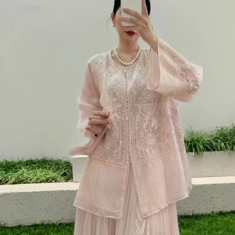 Summer New Product Positioning Embroidered Window + Roman Column Romantic Design Wrist Sleeve Silk Organza Fabric Women's Jacket