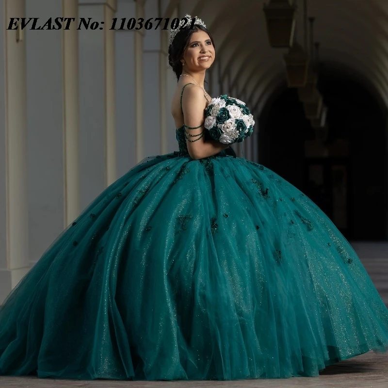 EVLAST Customized Dark Green Quinceanera Dress Ball Gown Shiny Lace Applique Beaded Corset Sweet 16 Gown Vestidos De Anos SQ385