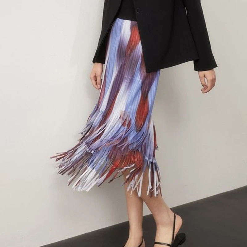 Printed retro pleated fringed skirt skirts for women korean fashion clothing long skirts for women Loose Fit