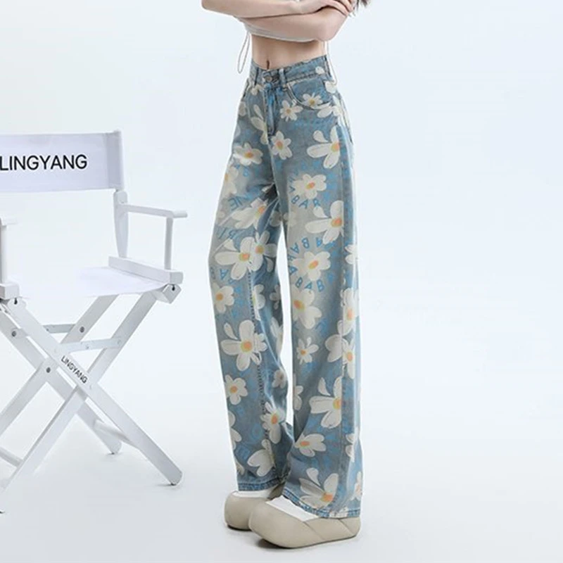 FINEWORDS Casual High Waist Magritte Printed Jeans Women Easymatch Korean Wide Leg Jeans Retro Streetwear Washed Baggy Jeans