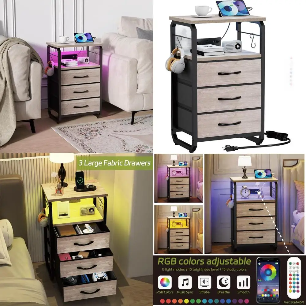 

Тумбочка из бежевой ткани с выдвижным ящиком и зарядным портом и крючками для хранения в спальне и гостиной