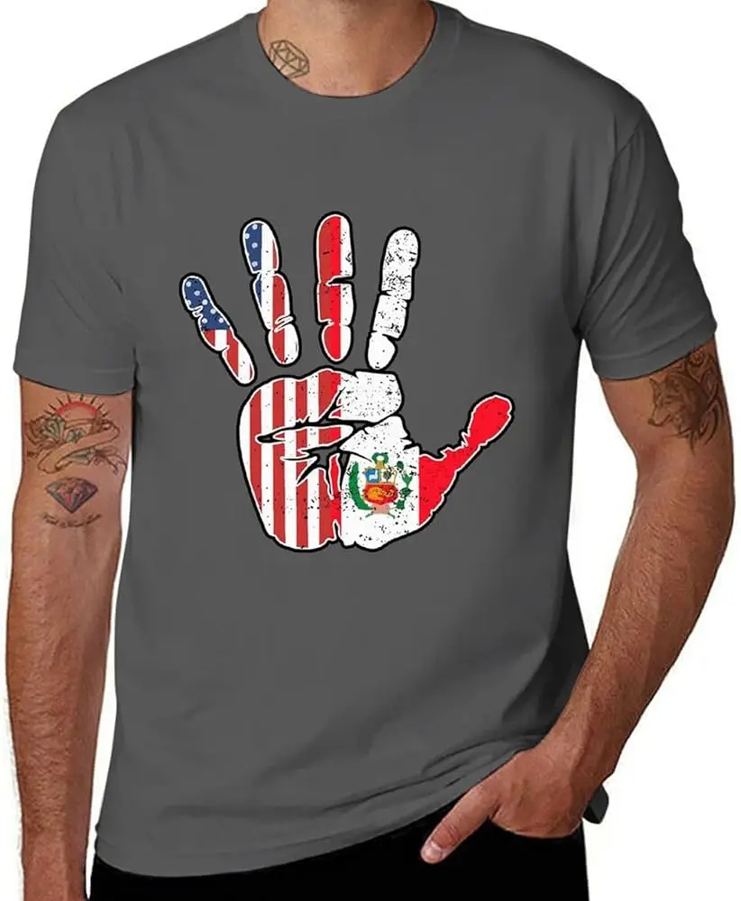 USA Peru Handprint Flag Men's Short Sleeve T-Shirt Crewneck Shirt Cotton Regular-Fit Workout Tops Casual