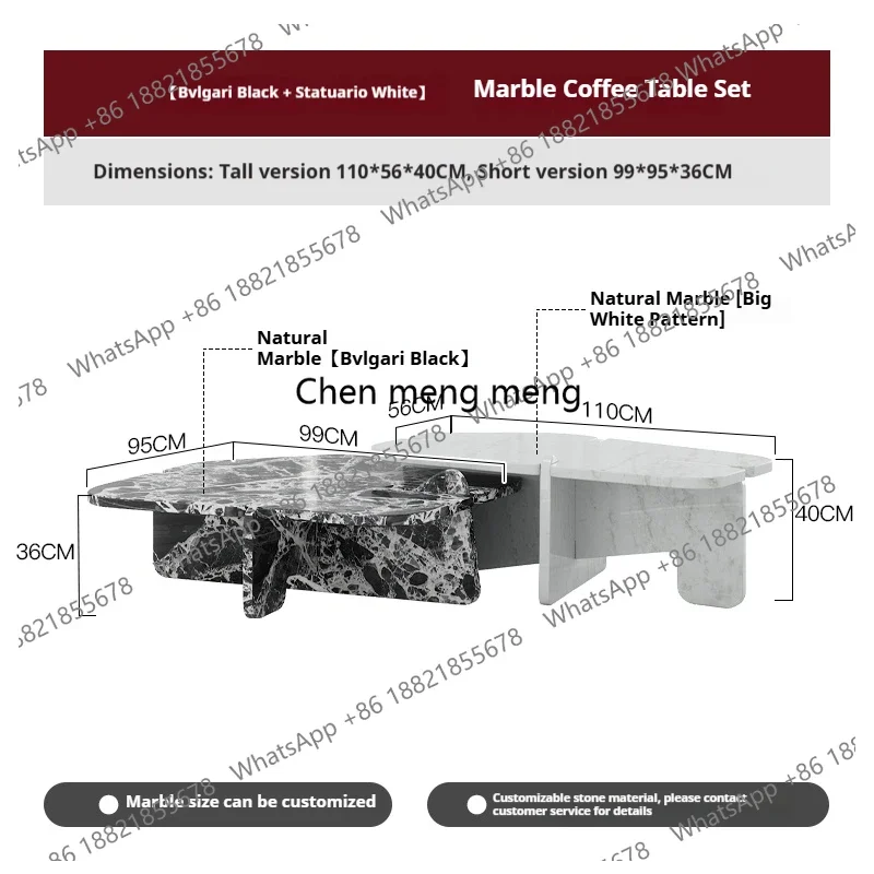 L07 Designer Natural Marble Coffee Table Set, Italian Minimalist High-Low Nesting Tables for Small Living Room, Customizable