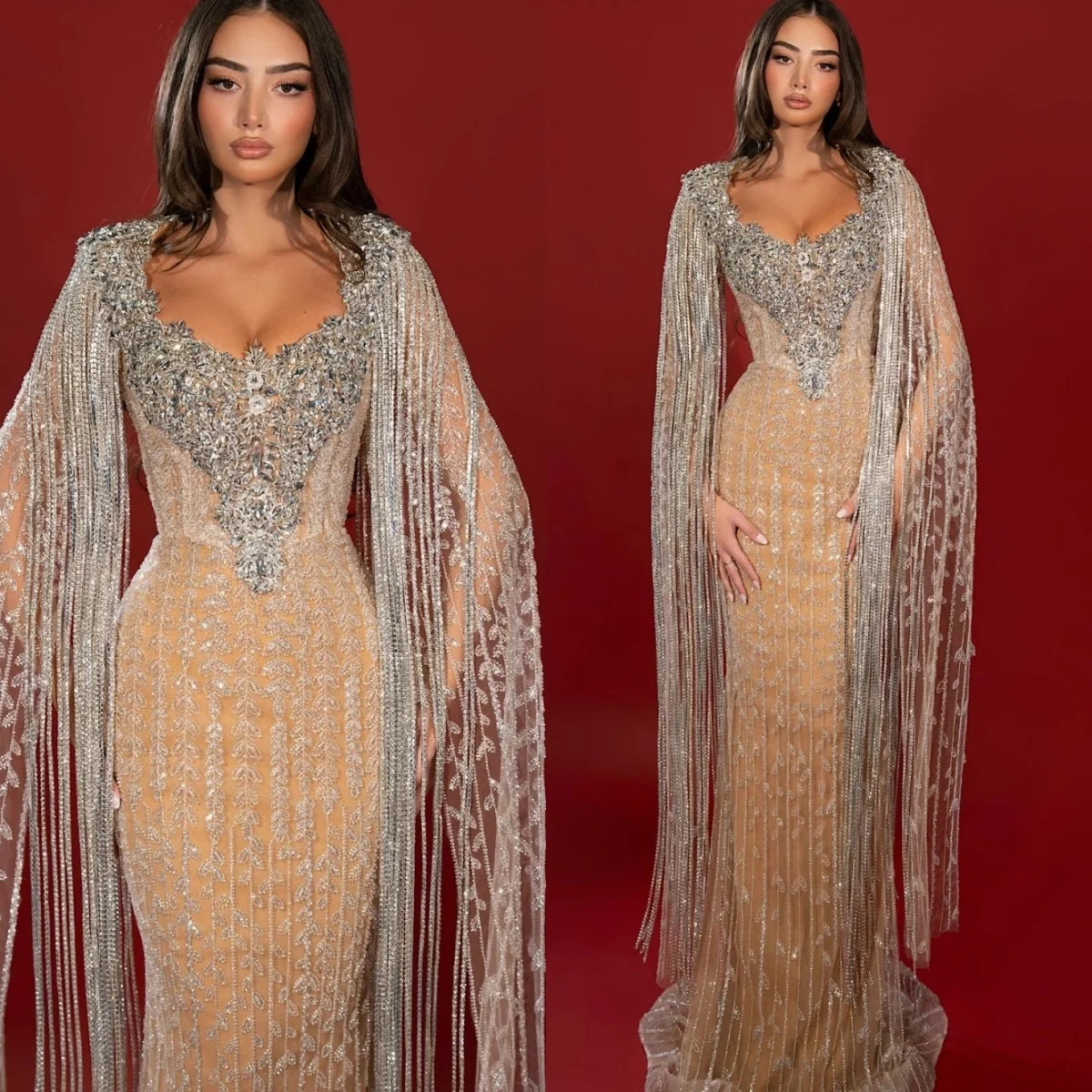 

Elegant Crystal Evening Dresses Sequins Tassel Prom Dress with Cape Slim Customized Mermaid Party Gowns Vestidos De Noche