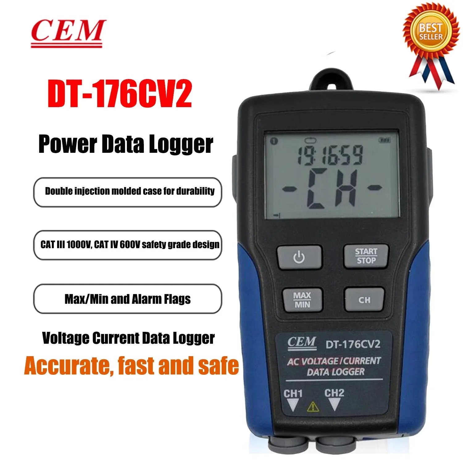 CEM DT-176CV2 Dual Channels AC Current and Voltage Dataloggers with Digital LCD Display 256000 Datas Memory and Datas Analysis