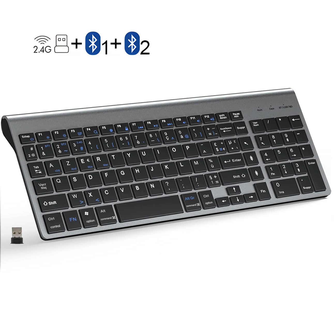 French Wireless Keyboard Ultra Slim Dual Mode 2.4G& Bluetooth Compact Energy Saving AZERTY Layout Keyboard for Windows IOS