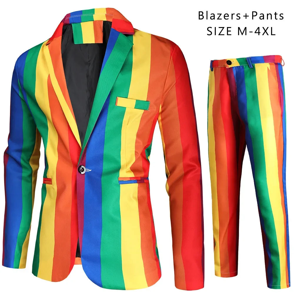 2024 Men\'s Autumn New Colorful Striped Casual Suit Youth 3D Printed Suit 2-Piece Set