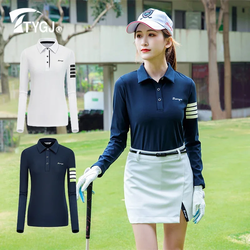 

TTYGJ Women Stripe Golf Polo Shirt Ladies Breathable Quick Dry Tops Slim Long Sleeve Golf Shirt Badminton Athletic Sportswear