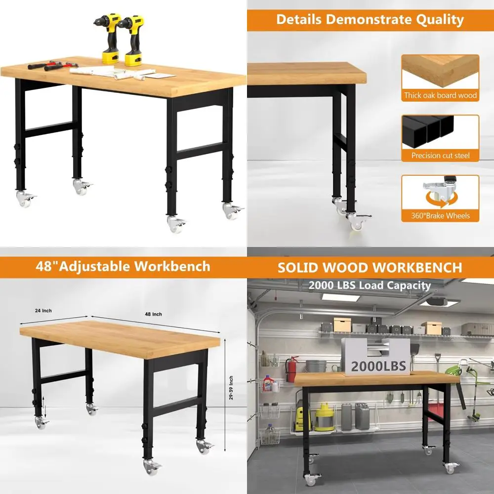 

Сверхмощный верстак из цельного дерева с регулируемой высотой, вместимость 2000 фунтов, рабочая станция для гаражных мастерских