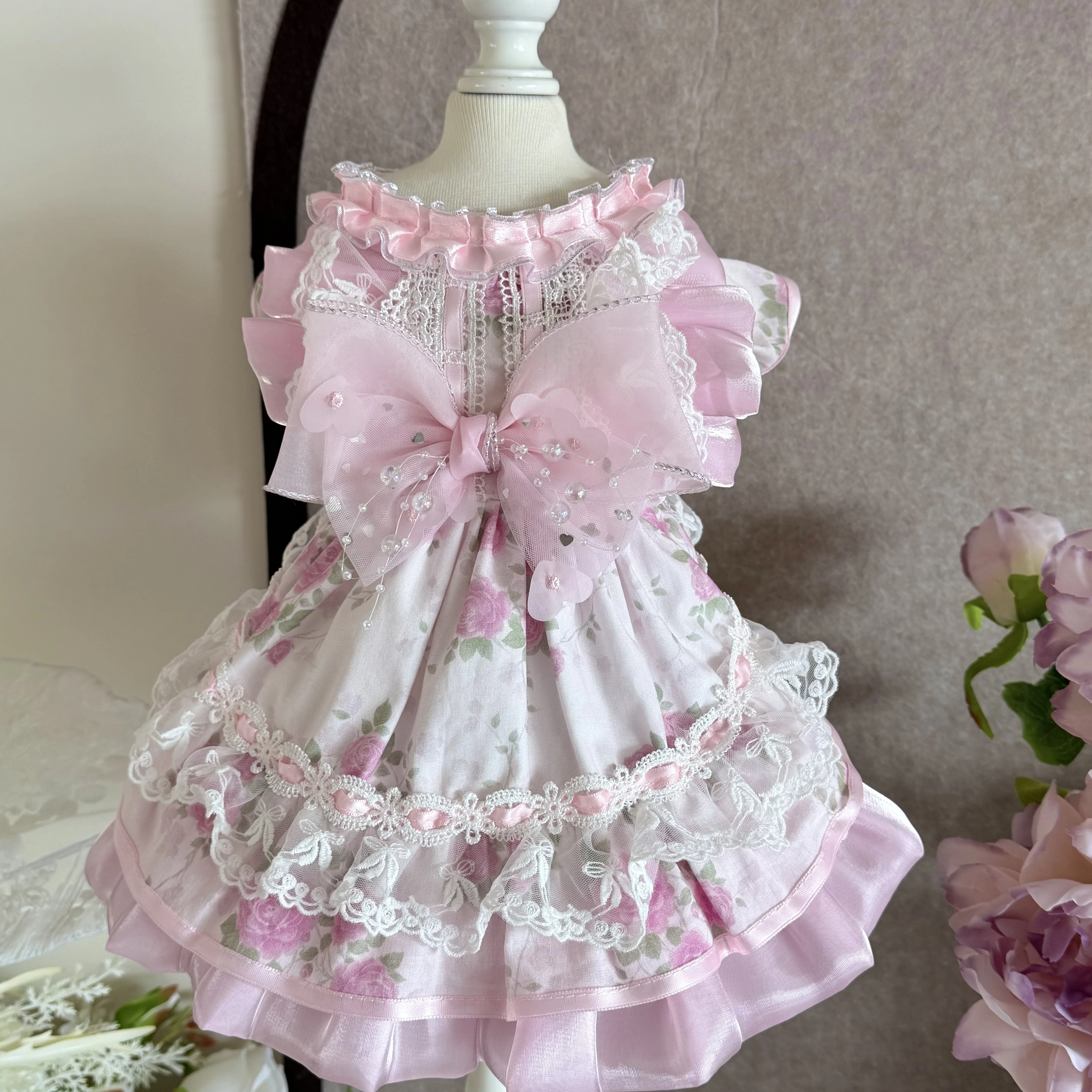 

Pink Purple Pet Dog Clothes Summer New Floral Print Lace Bow Pure Cotton Handmade Princess Dress for Small Medium Dog Puppy Coat