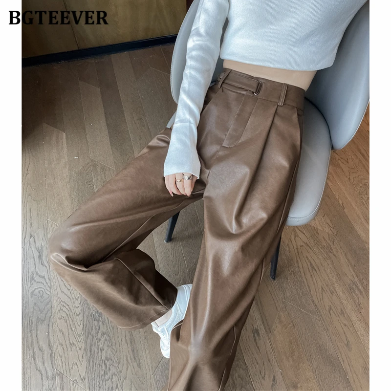 BGTEEVER Stylish Thicken Velvet Ladies Floor-Length PU Leather Straight Trousers Winter Warm Loose Pockets Female Wide Leg Pants