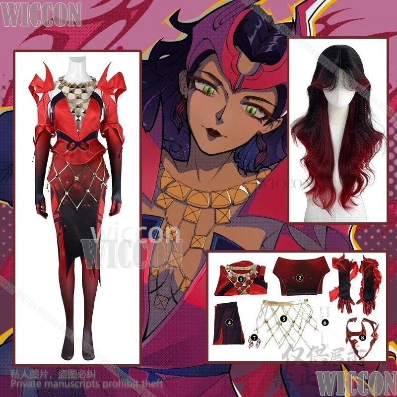 

Game Rivals Cosplay Witch Red To Black Gradient Wigs Sexy Jumpsuit Halloween Party Punk Y2K Bodysuit Headwear Woman Comic Con
