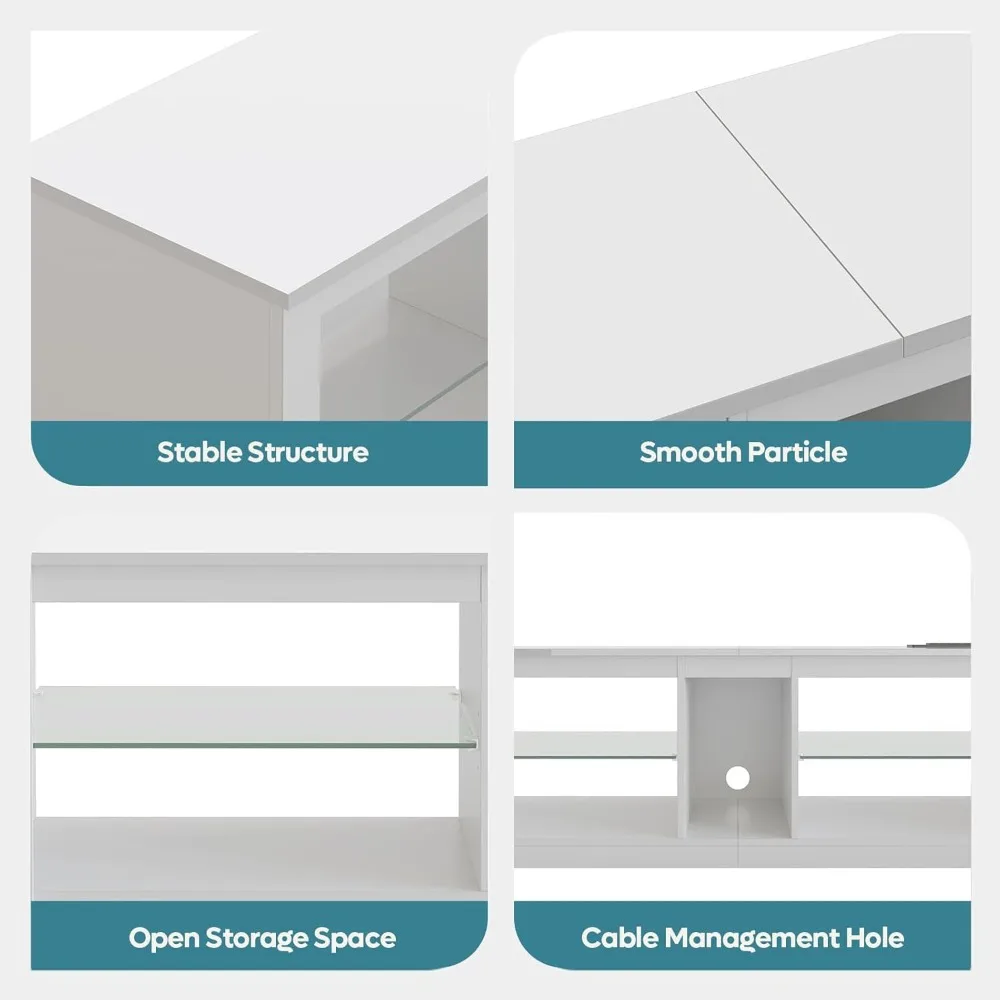 حامل تلفزيون LED مناسب لأجهزة التلفاز مقاس 55/60/65 بوصة، ومركز ترفيه أبيض عالي اللمعان، مع مقبس طاقة ورف قابل للتعديل