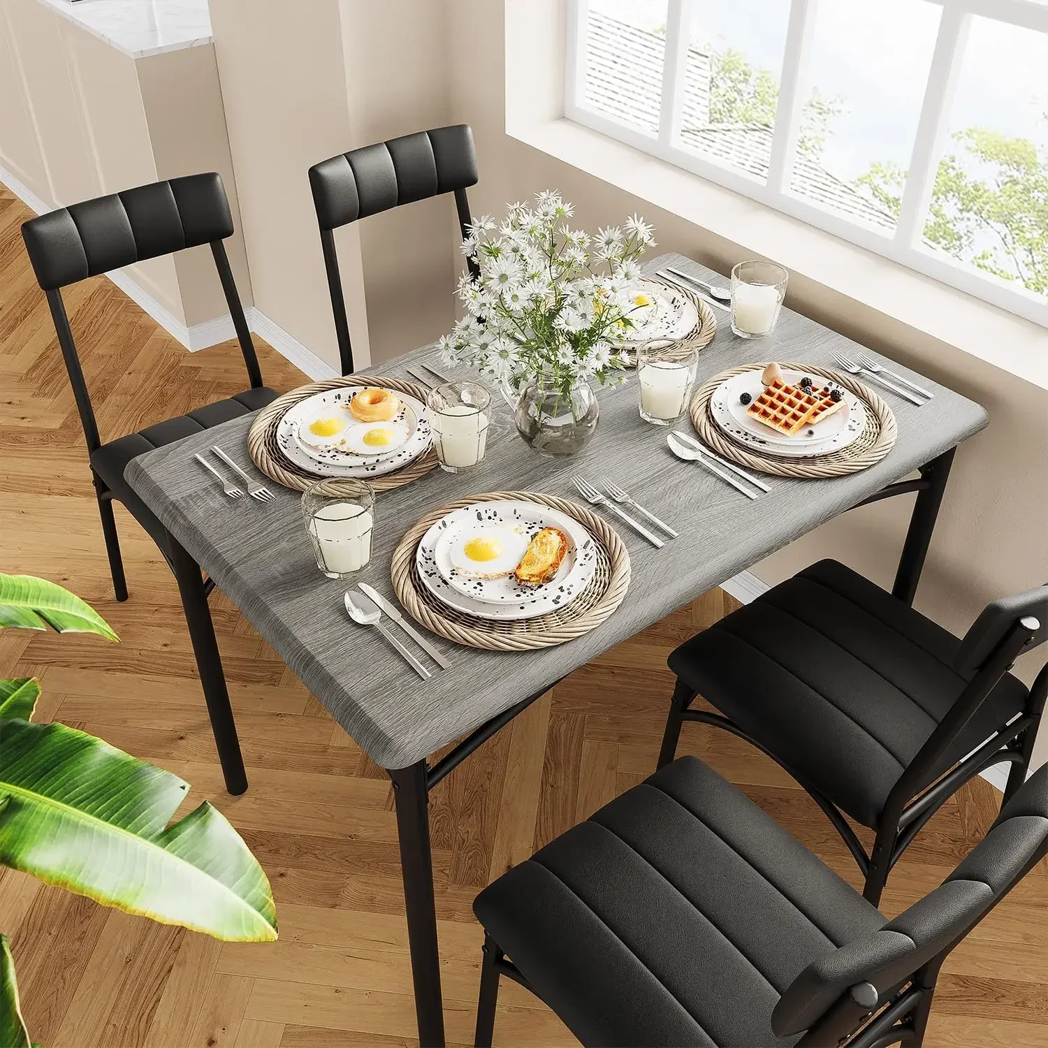 Dining Table Set for 4, 5 Piece Kitchen Table and Chairs for 4 with Upholstered Chairs, Rectangular Dining Room Table Set