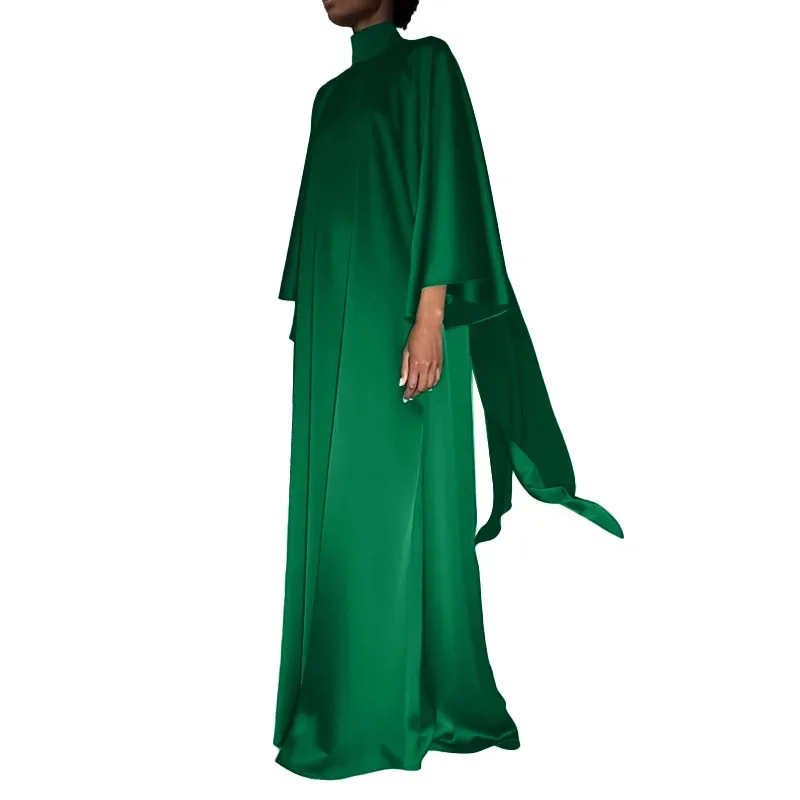

2024 Muslim Women's High Necked Loose Hem Middle Eastern Robe Satin Dress