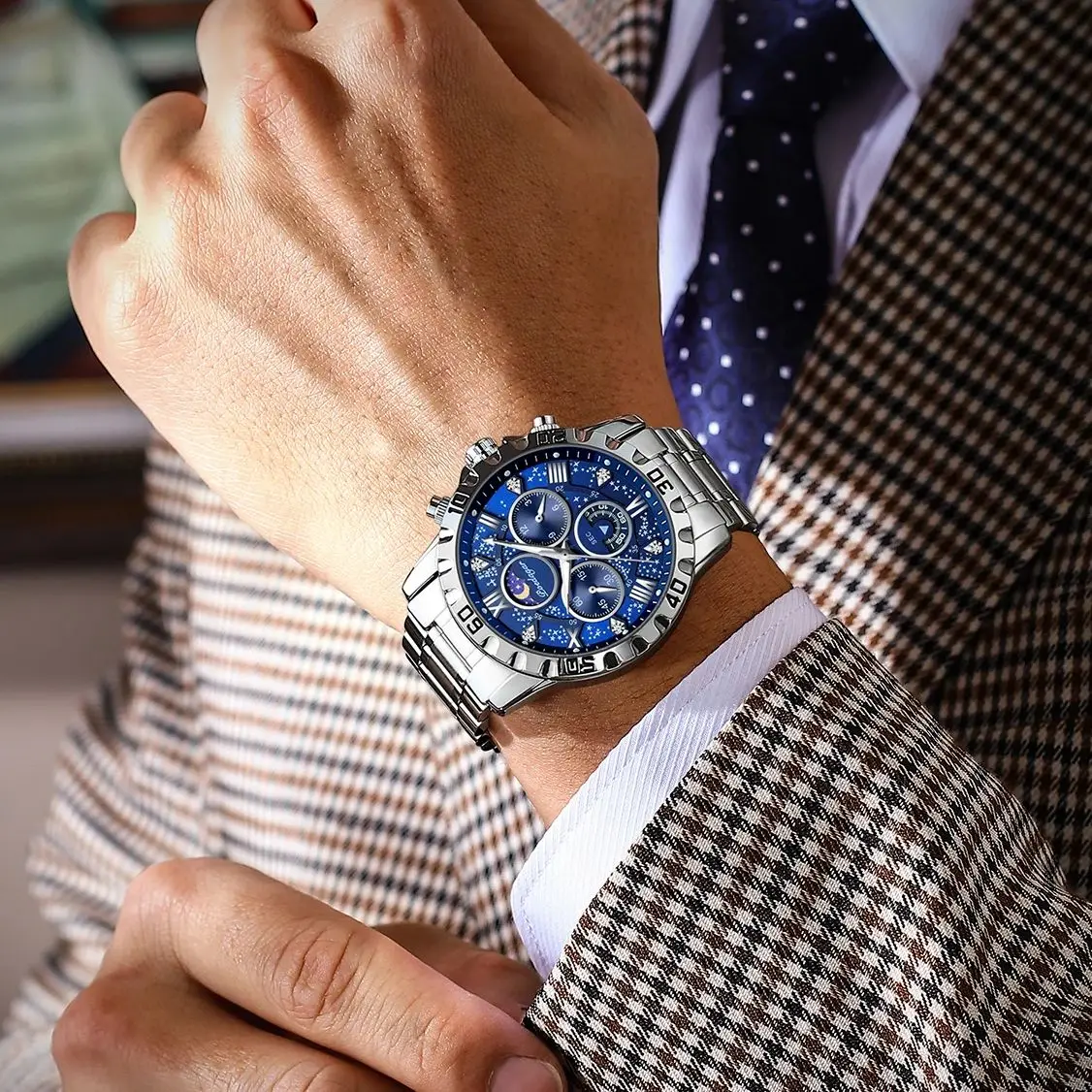POEDAGAR ساعة رجالية عصرية فاخرة مقاومة للماء كرونوغراف مضيئة للرجال ساعة ستانلس ستيل رياضية عسكرية كوارتز ساعات رجالية