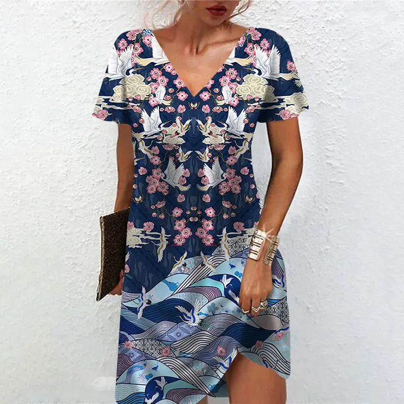 

2023 New Women's Dress Temperament Commuting Positioning Printed V-neck Short Sleeve Loose fitting Dresses Female & lady Clothes