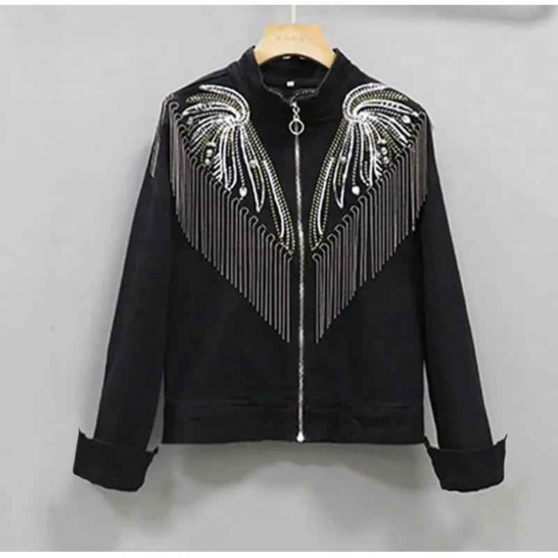 

Vintage Sequin Tassel Women Denim Jacket Spring Autumn Loose Casual Fashion Black Jean Jacket
