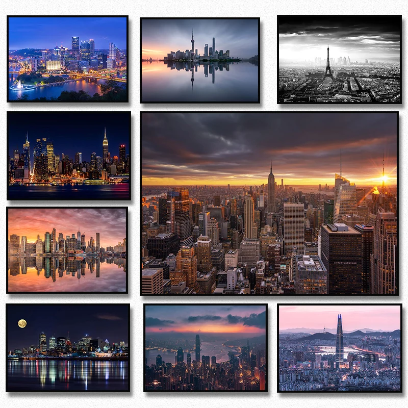 1pc framless Canvas Painting Cityscape Dubai France Tokyo NYC Building Manhattan Hong Kong City Night Views Art Posters Canvas P