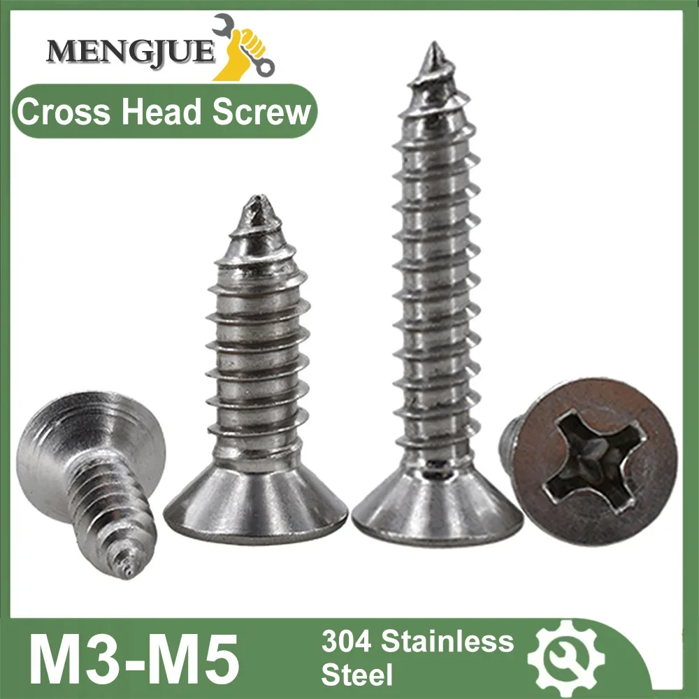 20-55pcs 304 Stainless Steel Phillips Screw M3 M3.5 M4 M5 M6 Cross Recessed Countersunk Flat Head Self-tapping Furniture Screw