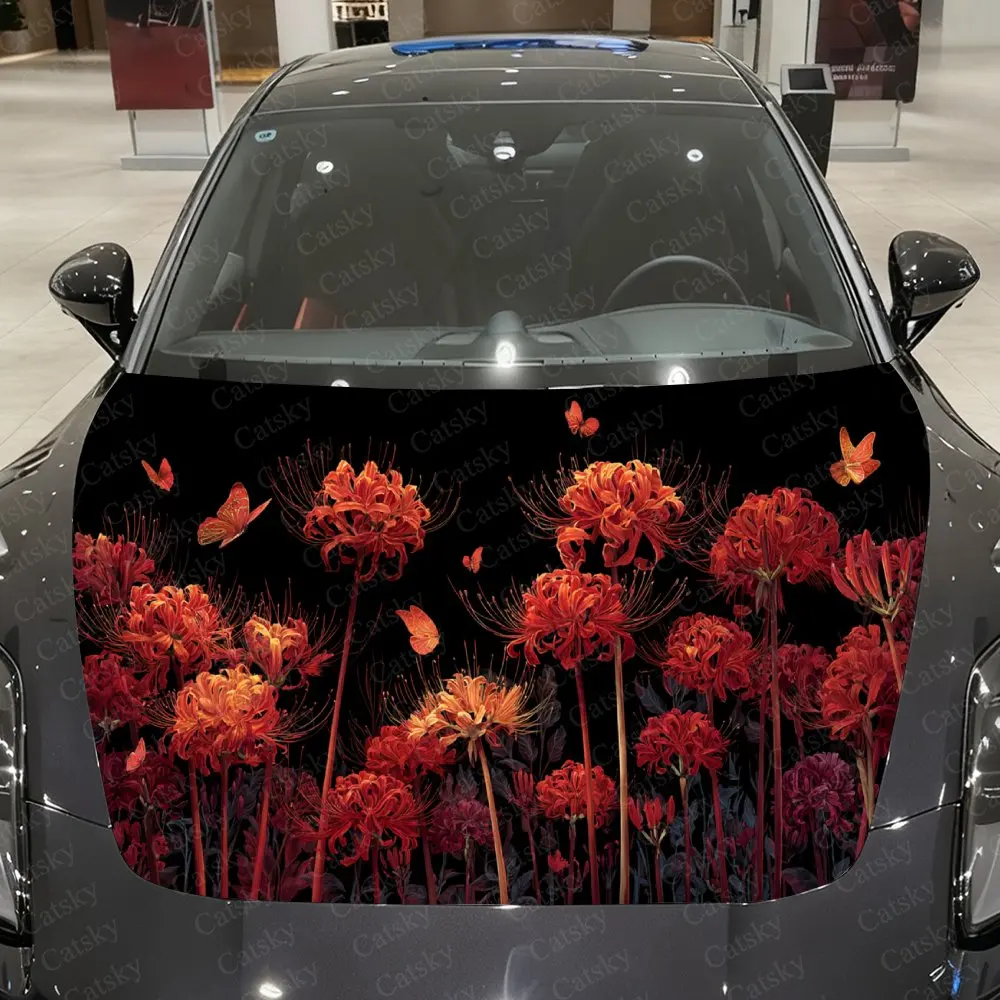 

Виниловая пленка для автомобиля с пламенным пауком, лилией и бабочкой, водонепроницаемая наклейка на капот автомобиля из ПВХ, самоклеящиеся устойчивые к царапинам наклейки