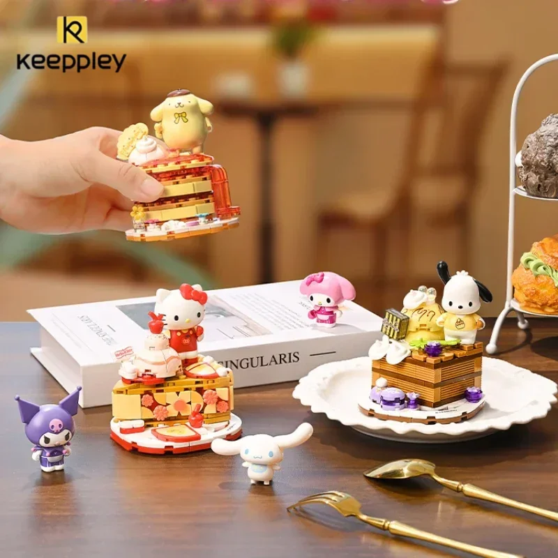 

Keeppley New Sanrio Building Blocks Food Party Cinnamoroll Kuromi Pochacco Cake Assembly Toy Model Kawaii Decoration Gift