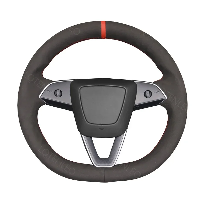 Black Artificial Suede Hand-stitched No-slip Car Steering Wheel Cover Braid For Tesla Model X Model 3 Highland 2023 2024