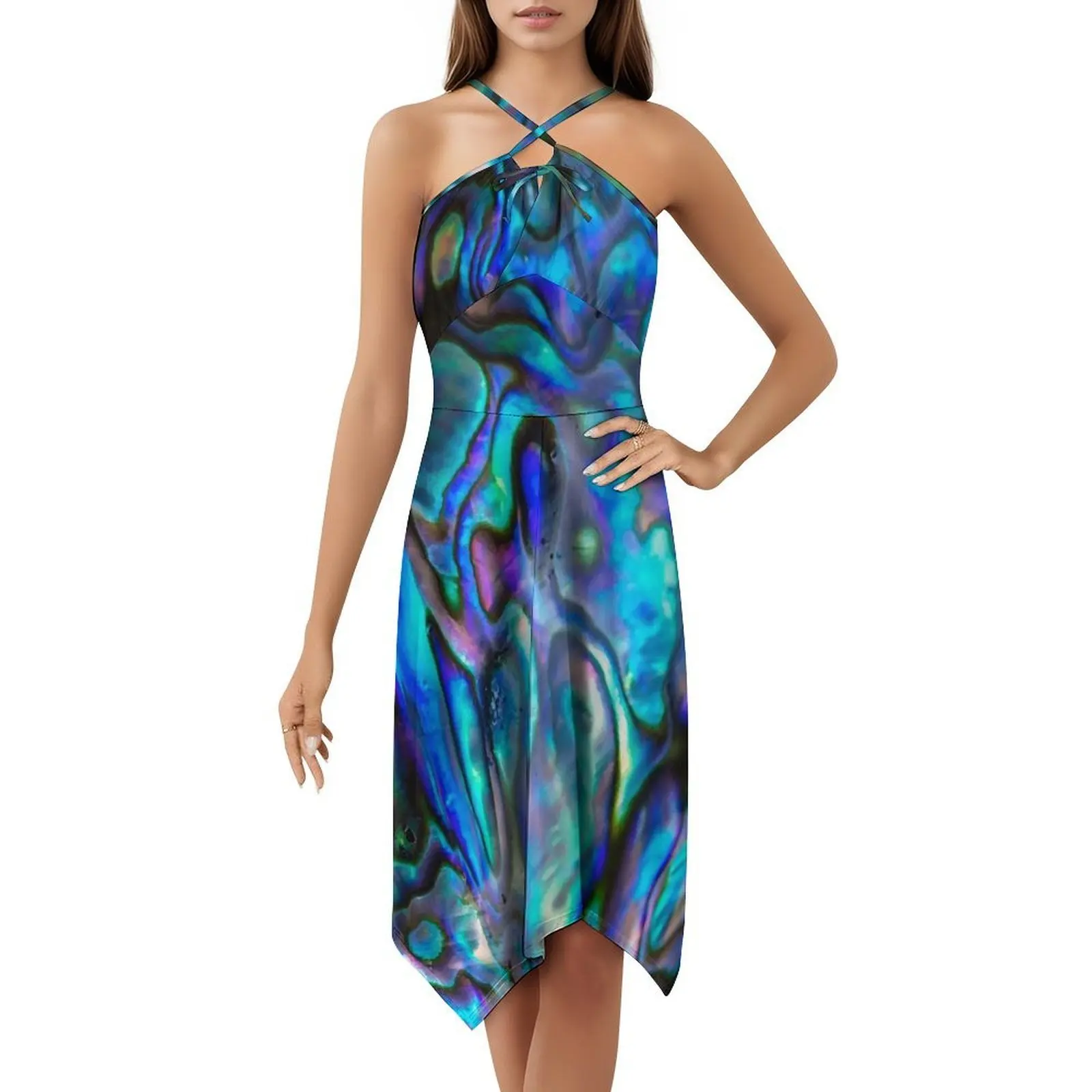 مجردة باوا شل الملمس نمط مصقول باوا شل البوهيمي أكمام فستان متعدد طباعة شاطئ عطلة فستان الحفلات جديد