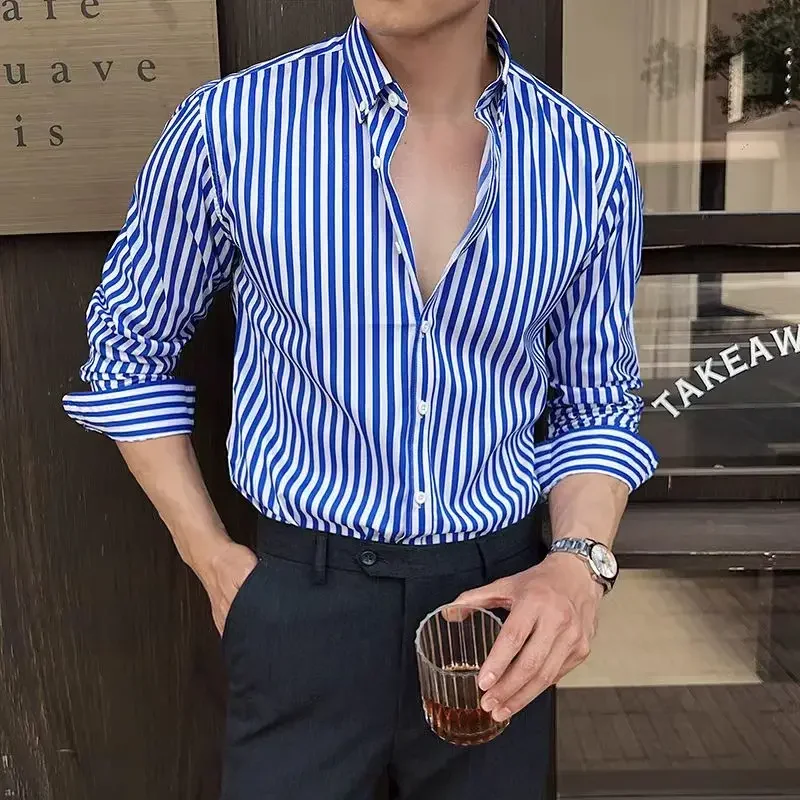 

Elegant Mens Shirts Shirts for Men a Fashion High Quality Check Shirt Stripe Pattern Luxury Men's Clothing Long Sleeves Man