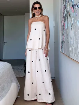여성용 폴카 도트 민소매 오프 숄더 의상, 우아한 백리스, 루즈 스트랩리스 슈트, 2025, 시크한 하이 스트리트, 레저 세트, 신상