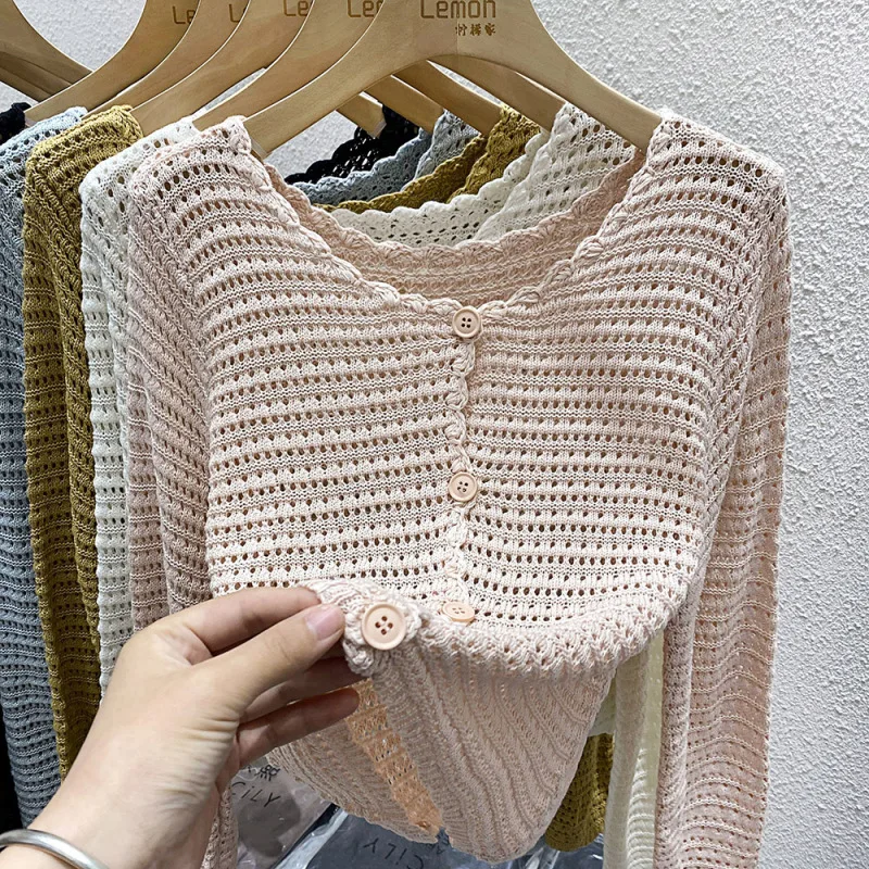 Pointelle Knit Cardigan for Women Long Sleeve Single Breasted Sweater Jacket Crop Openwork Cardi Top Female Basic Daily Outfit