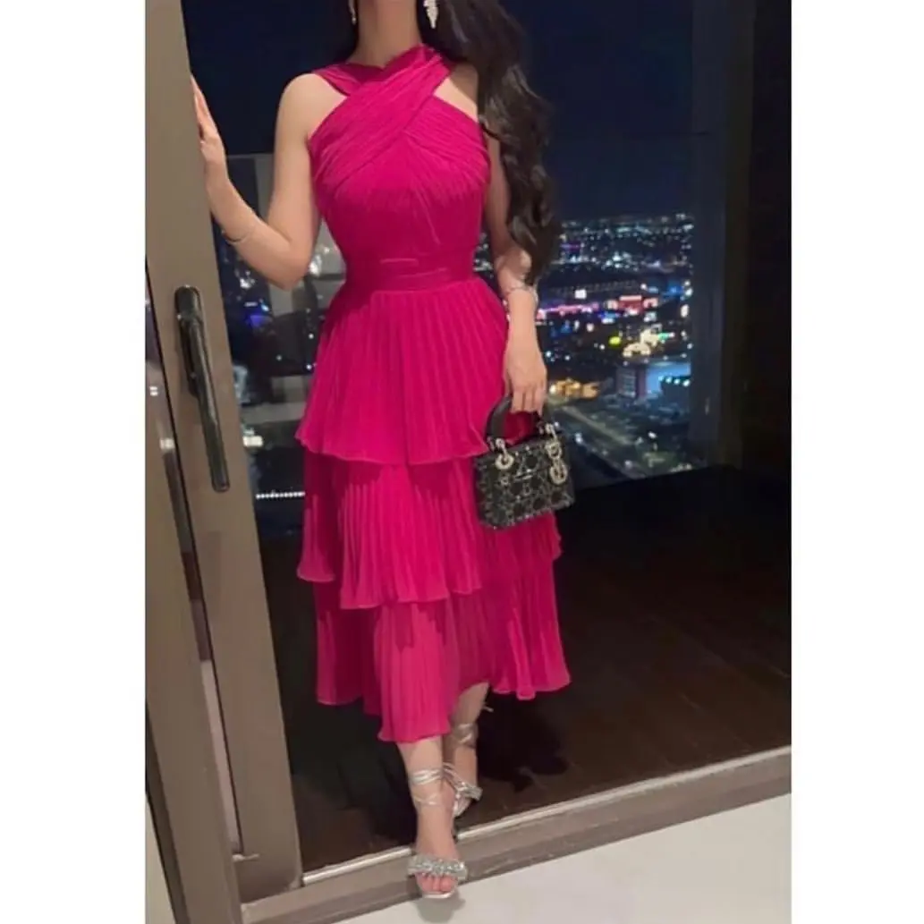 

Elegant party Fuchsia Long Prom Dresses Pleated Tiered Tea Length Gowns Special Occasion Vestidos De Fiesta Evening Dress