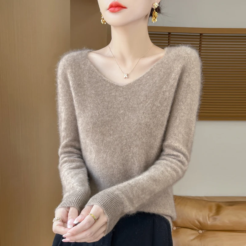 Seamless Spring Autumn Sweater Women\'s V-neck Knitted Pullover 100% Merino Wool Clothing Long Sleeve Basic Versatile Tops Warm