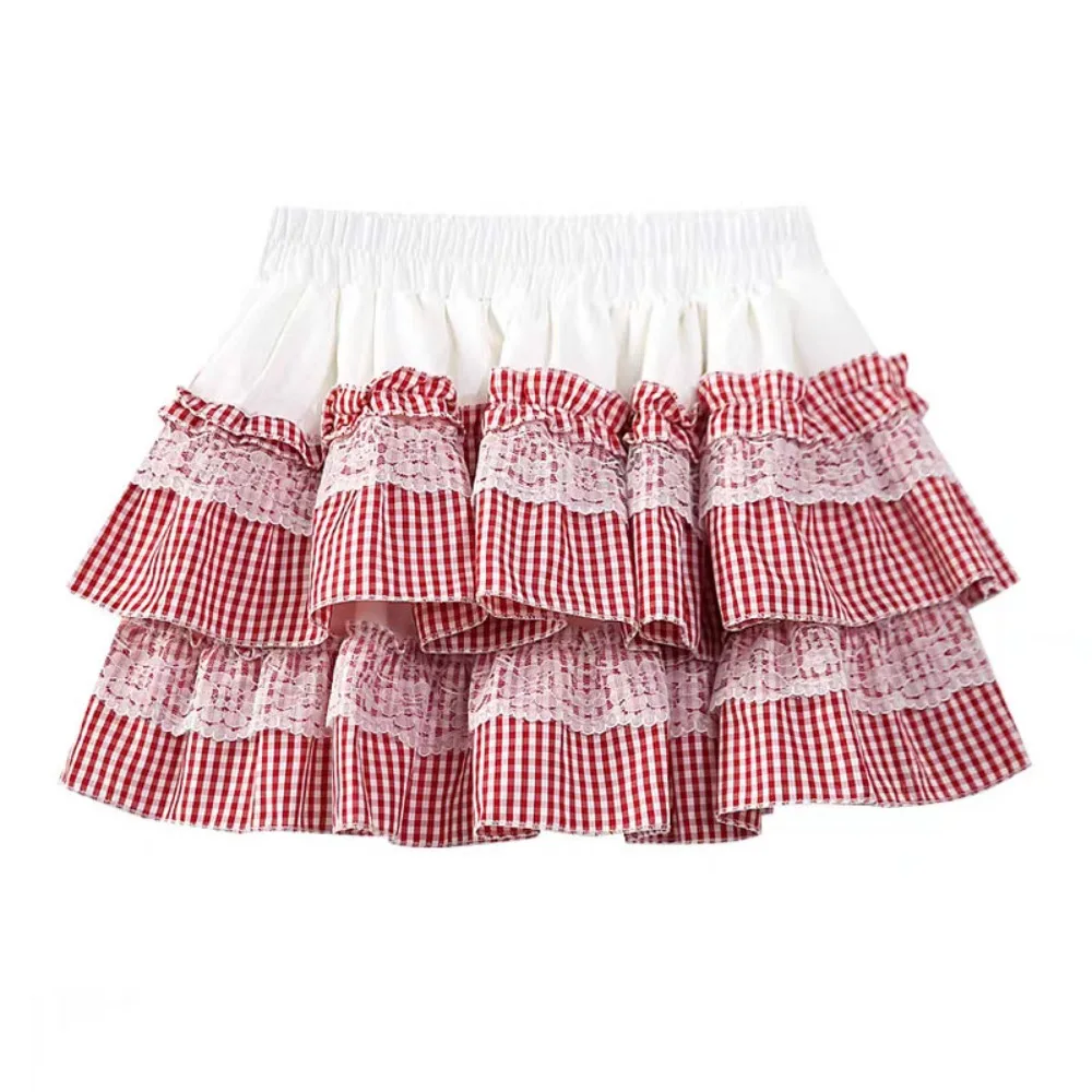 

Lolita Lace Grid Cake Skirt High Waist Plaid Stripe JK A-line Short Skirt Sweet Multi-layer Lace Pleated Mini Skirts Girls