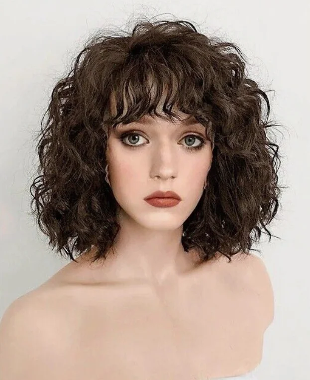 Natural Black Human Hair Short Water Wave Human Hair Wigs with Bangs 10 inch